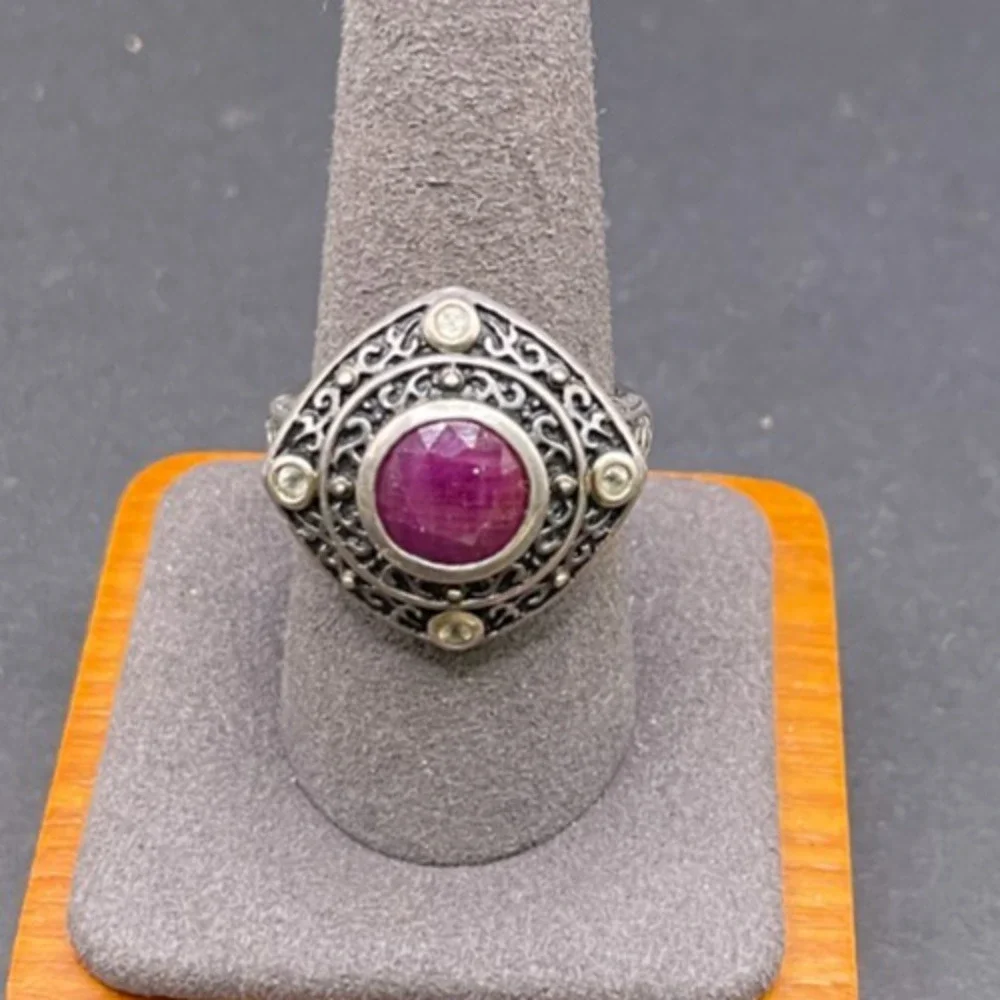 Vintage SGF Sterling Silver 925 Filigree Statement Ring Red Ruby Stone Size 9.5